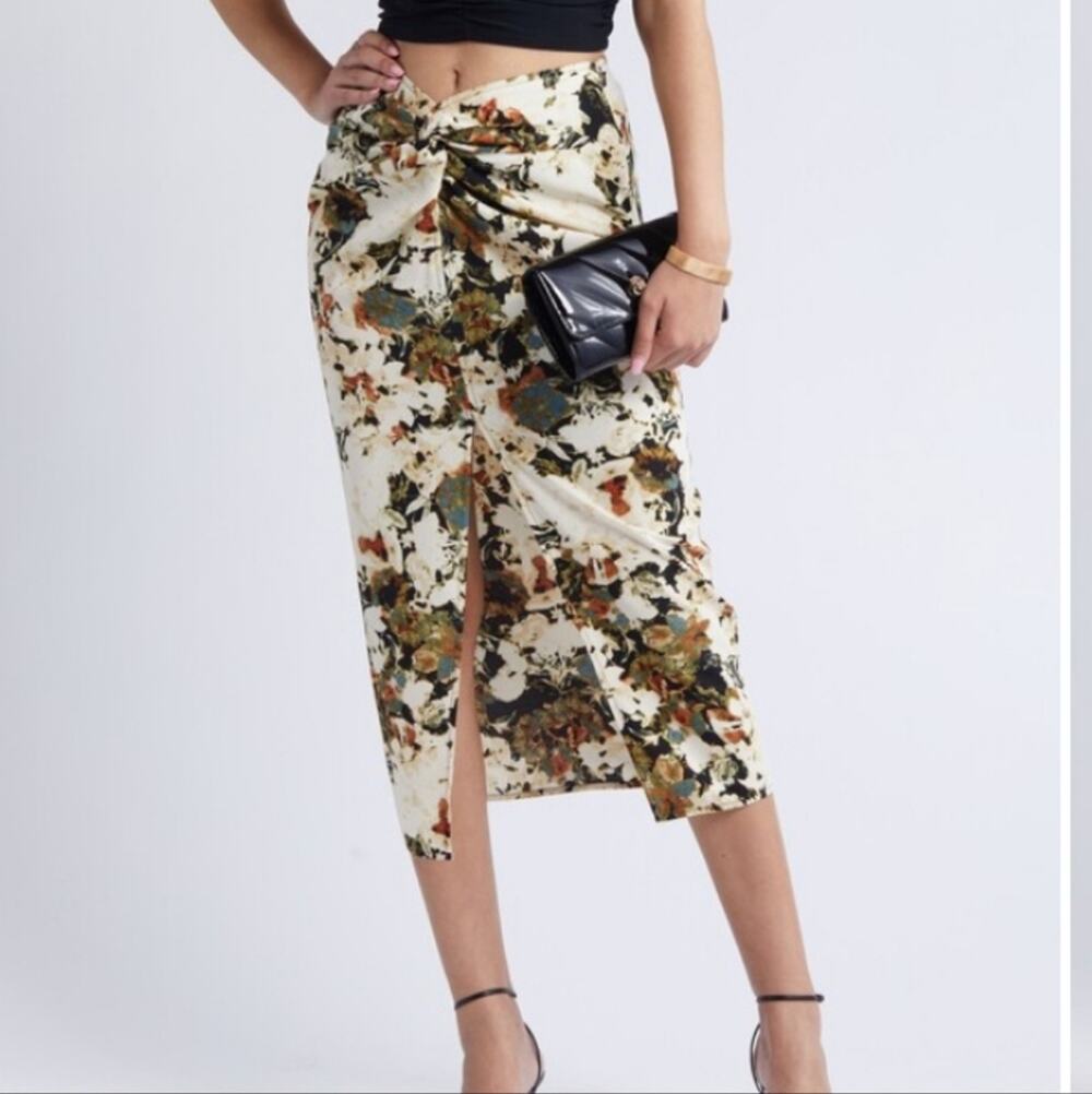 Open Edit Floral Twist Front Midi Skirt Ivory Multicolor High Slit XXS NWOT